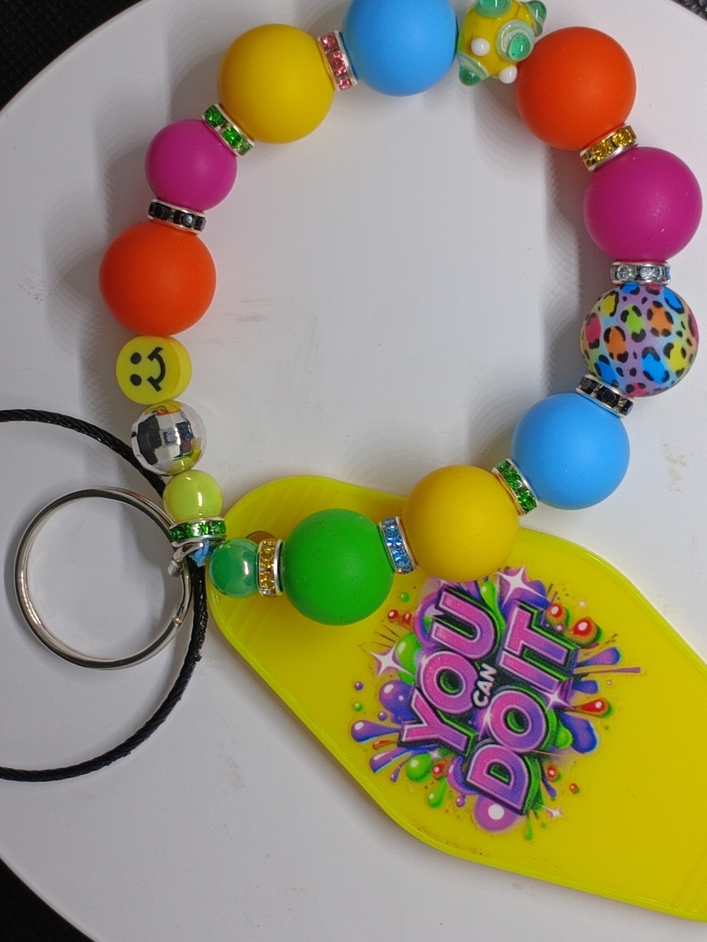 Colorful Beaded Keyring Bracelet with Motivational Tag - Multicolor